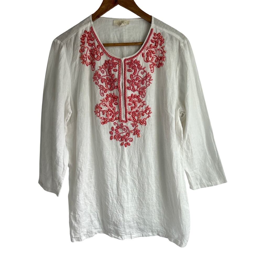 Charter Club Luxury Large 100%‎ Linen Coral Beaded Sequined Tunic Blouse Top